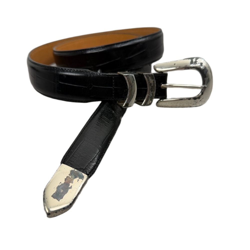 Brighton Onyx Belt Mens 38 Black Croco Silver Buckle Emboss Western Cowboy 36-40